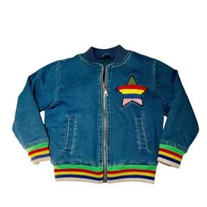 Mini Boden Denim Rainbow Star Bomber Jacket Size 6/7